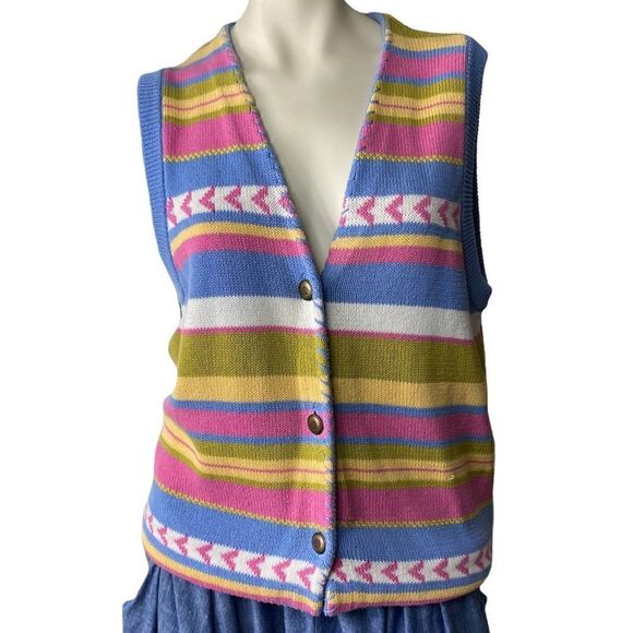 IZOD Women's Stripe V-Neck Button Front Sleeveless Cardigan Sweater Large - Picture 1 of 3
